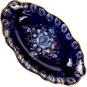 NWT Gzhel Gold Plated Cobalt Blue Porcelain Platter Hand-painted &Signed